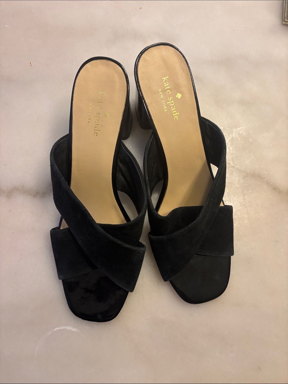 kate spade Black Suede Crisscross Mule Heels